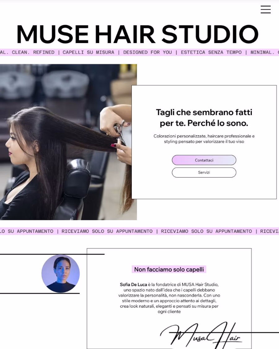 Homepage del sito vetrina di Muse Hair Studio